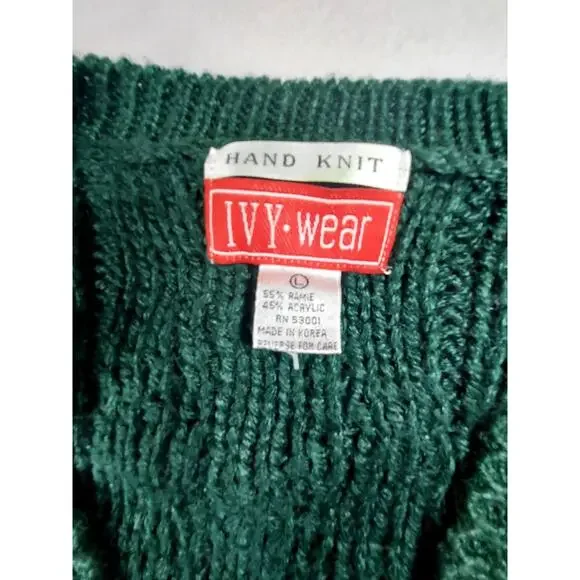 Vintage 90s IVY Handmade Knitted Green Floral Cardigan Sweater Sz L Grannycore - Picture 3 of 6